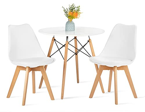FURNITABLE Set aus Runder Tisch mit 2 Weißer Stühlen | Essgruppen Runder Tisch 80 cm, Skandinavisches Design, Massivholzbeine, für Balkon Küche Büro Esszimmer, Weiß Stühlen