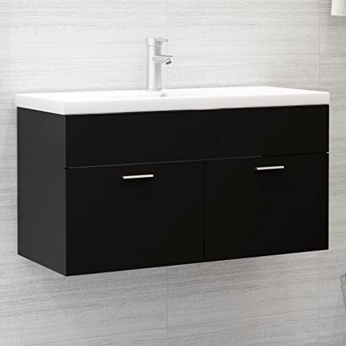 WIFESE Meuble sous-lavabo noir 90 x 38,5 x 46 cm en matériau dérivé du bois Meuble de salle de bain avec 1 compartiment et 2 portes pour salle de bain Ses lignes épurées et design fin