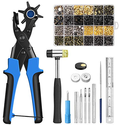 VORXEON Leather Belt Hole Punch Tool - 6-Size Revolving Punch Pliers with 240 Double-Cap Rivets for Belts, Watches, Handbags (Punch Tool for Leather Straps & Watch Bands)