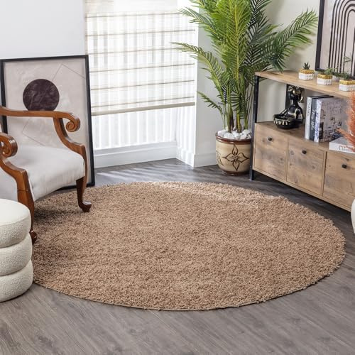 Surya Home Shaggy Berber Teppich - Flauschiger Teppich für Wohnzimmer, Esszimmer, Schlafzimmer, Langflor Hochflor Teppich flauschig - Teppich groß 120 cm Rund, Wohnzimmerteppich in Hellbeige