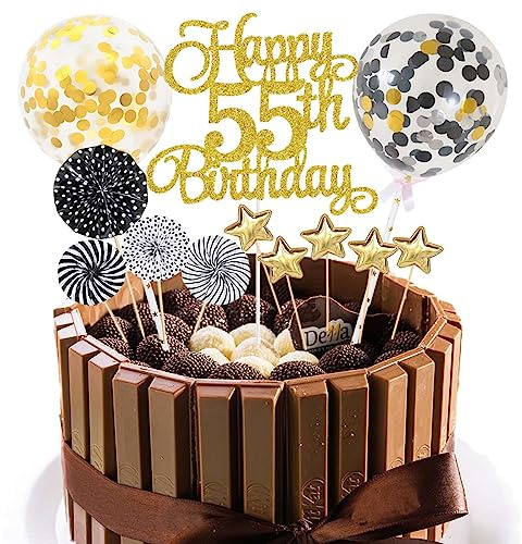 Décoration de gâteau 55e anniversaire Noir doré – Décoration de gâteau Happy Birthday – Décoration de gâteau pour hommes et femmes
