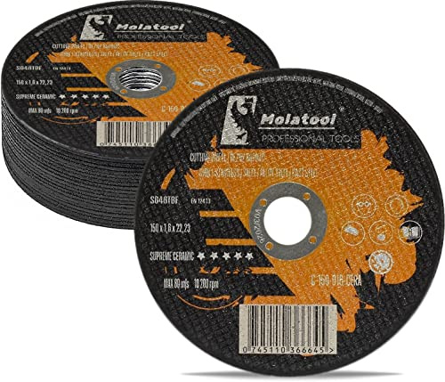 Molatool Lot de 20 disques à tronçonner professionnels en céramique - Qualité supérieure - Pour métal, acier, acier inoxydable - 150 x 1,6 x 22,2 mm