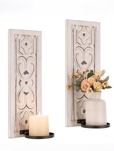 Walasis Rustic Candle Sconces Wall Decor Set of 2 - White Farmhouse Art Distressed Thickened Candles Shelf for Bathroom Bedroom Fireplace - Wood Wall Candle Holders for Pillar Candles Plants