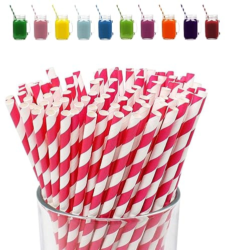 ATBEAMEN Hotpink Stripes Drinking Straws-100Pack Straws Drinking Paper Kids,Assorted Biodegradable Straws Drinking Straws Drinking Straw Recyclable,Stripes Drinking Straws Xmas Straws Party Decor