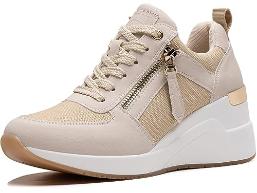 Viscozzy High Heel Wedge Sneakers for Women Dressy Platform Hidden Wedge Tennis Shoes Lightweight Fashion Heeled Sneakers Lace Up Women W139-SZW36-BEIGE-9