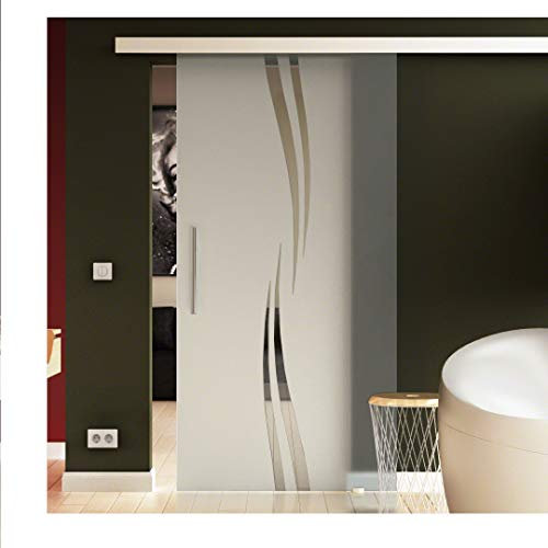 Schiebetür aus Glas in 205x102,5 cm (HxB), Dessin: Welle (A) Sadora® SlimLine-System komplett Laufschiene und Stangengriff beidseitig, für Innenbereich. ESG-Sicherheitsglas