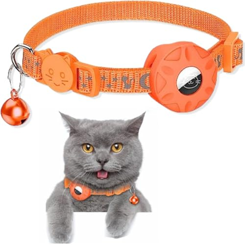 Airtag Katzenhalsband, Reflektierendes AirTag Katzenhalsband mit AirTag-Halterung und Glocke, Leichte Tracker Katzenhalsbänder, Katzen-AirTag-Halsband mit Abbrechbarer Sicherheitsschnalle (Orange)