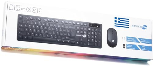 SIMPLETEK - Kit Mouse & Tastiera Wireless 2.4G Layout GR Greco | Greek Keyboard QWERTY con Tastierino Numerico Mouse Ergonomico 3 Tasti Ricevitore USB
