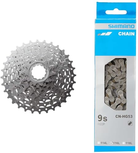Shimano Unisex – Erwachsene Kassette 9 Fach, Silber & Fahrradkette E-CNHG53C116I CN-HG53 9-Fach, 116 Glieder