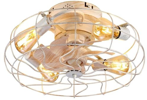 PTLYE Piccolo ventilatore da soffitto retrò, con luce e telecomando, lampadina E27, ventilatore da soffitto con luce, per montaggio a incasso, ventilatore da soffitto a gabbia sottile con luce
