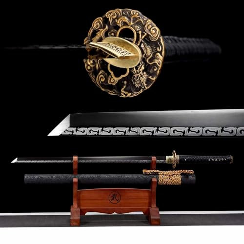 103cm Gerades SamuraiSchwert,Klinge aus schwarzem Manganstahl mit Runenmuster,Naturholz Saya mit PU-Lederummantelung,Geschnitzte Tsuba aus reinem Kupfer,handgefertigte Katana für Sammeln,Cosplay,Dekor