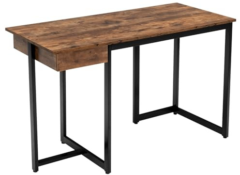 GYMAX Scrivania per Computer con Struttura in Metallo, 120 x 55 x 75 cm, Tavolo da Lavoro Moderno con Ampia Superficie e Cassetto, in Legno, per Studio, Soggiorno, Ufficio (Marrone Rustico)
