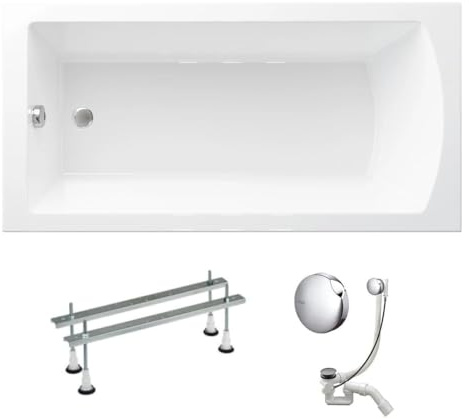 VBChome Badewanne 170x75 cm Weiß Acryl Wannenfüße Siphon Rechteckig Wanne Abfluss Design Modern Ablaufgarnitur in Chrom Badewanne mit Wannenfüße