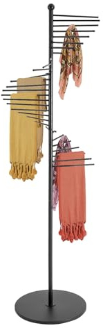 DYRABREST 67 Freestanding Scarf Organizer, Metal Spiral Scarf Holder with 30 Rods, Commercial Hijab Organizer Belt Pants Hanger for Clothing Store Home, Space Saving Shelves (Black)