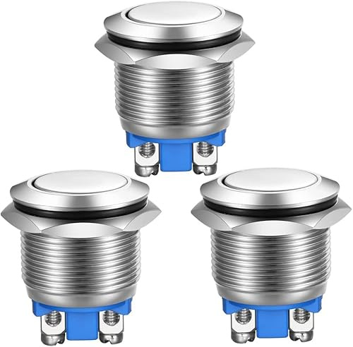 Fokroin Pulsador Momentáneo de 16mm,Pulsadores momentáneos de acero inoxidable， Pulsador de Metal Resistente al Agua,sin Botón Momentáneo, 2A, 12V/24V/125V/250V, Paquete de 6
