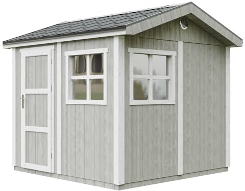Casetta da giardino di qualità premium 5,9 m² - H252x250x294 cm - Costruzione in pannelli LP Smartside - Con pavimento e Tegole Bituminose - Timbela M913-TUNDRA GREY