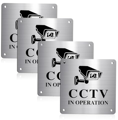 UIHRLM 4 Pack CCTV In Operation Sign, Self-Adhesive & Pre-Drilled Waterproof Brushed Aluminium Warning Signs Sticker for Indoor and Outdoor Security Cameras, Windows, Warehouse (10 * 10cm)