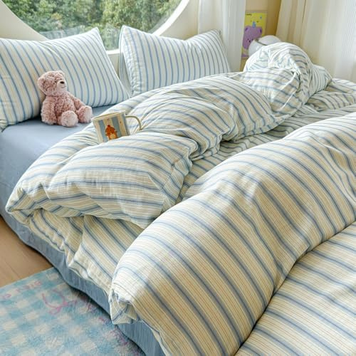 HighBuy Vintage Striped Duvet Cover Queen,Muslin Cotton 3 Piece Blue Stripes Bedding Comforter Cover for Teen Boys Girls,Linen Feel Gauze Shabby Chic Bedding Set Soft Breathable,Queen