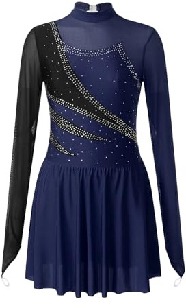 YXADGML Tanzkleid Damen Eiskunstlaufkleider Performance Strass Ballett Tanz Trikot Kleid Transparentes Netz Langarm Eislaufen Kostüme(Blue,S)