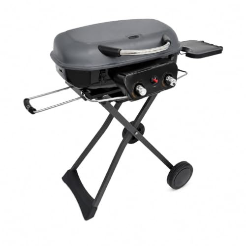 BBQ Barbecue Portable Gas Grill 2 Burner Porcelain enamel coated steel wire grill for easy cleaning, High heat output Dimensions113x53x92cm, Foldable design with wheels Push Button Ignition.