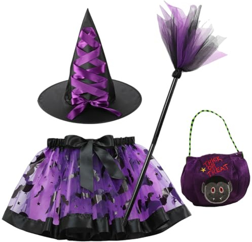 WFKKMEQ Disfraz de Bruja Niña, Disfraces de Halloween con Bruja Sombrero, Escoba Vestido de Mago, Bolsa de Calabaza Disfraces de Cosplay Vestido de Brujas para Carnaval Halloween Cumpleaños Fiesta