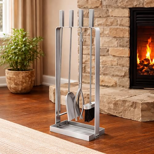 Marco Paul Silver 5pc Fireside Companion Set Heavy Duty Log Burner Accessories Fire Poker Set Fireplace Tool Sets Versatile Fireside Tools Companion Sets For Log Burners And Fireplace Accessories