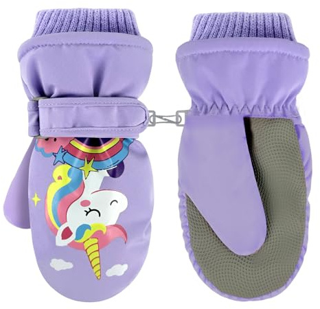 LeapBeast Gants de Ski pour Enfants, 3-5 Ans Gants Coupe-Vent pour Filles et Garçons, Gants d'hiver Imperméables en TPU - Polaire Chaude - Cadeau de Noël (Violet Clair - Licorne)