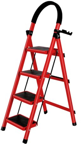 Escabeau Pliable 4 Marches avec Plateau à Outils et Mains Courantes, Échelle Domestique pour Maison Cuisine Garde-Manger Placards Bureau, Escabeau Marche Pied Pliante 4-Level (Rot)