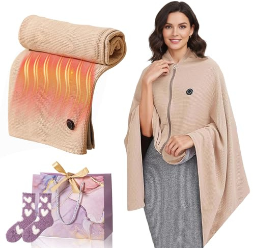 HOPASRISEE Portable USB Heated Blanket Shawl, Wearable Electric Blanket with 3 Heat Levels 8 Heating Zones, Washable Soft Zipper for Car Outdoor Camping Office Winter Warmth​​ (Beige)