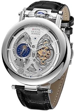 W WOLF-CUB Tourbillon vattentät automatisk mekanisk klocka med äkta läderrem och rostfritt stål månfaser genomskinliga skelettklockor, Svart och silver, Företag