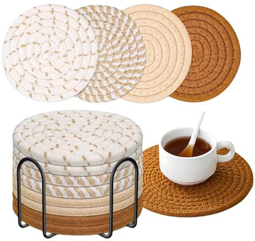 Posavasos Redondos con Soporte de Algodón Trenzado - Juego de 8 Antideslizantes para Tazas, Vasos y Bebidas - Ideal para Casa, Oficina, Bar (Marrón)
