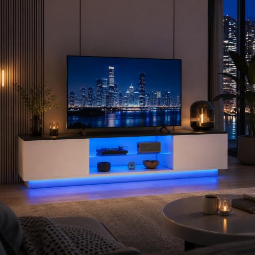 BLSYHDH 140 cm LED-TV-skåp, TV-bänk, vardagsrumsbänk, modern träbänk med 2 förvaringsfack, soffskåp inomhus, vardagsrumsmöbler (vit, 3 (140 cm)