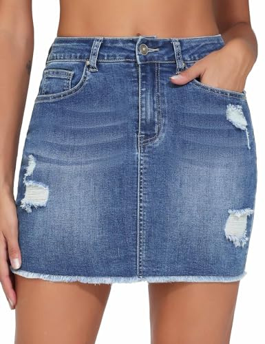 THE GYM PEOPLE Women's Ripped Denim Mini Skirt Frayed Raw Hem Jean Skirt | Form Fitting, Front Rips, Distressed Detail, Belt Loops, 4 Functional Pockets, Fashion, Work, Pairs with Sneakers Boots