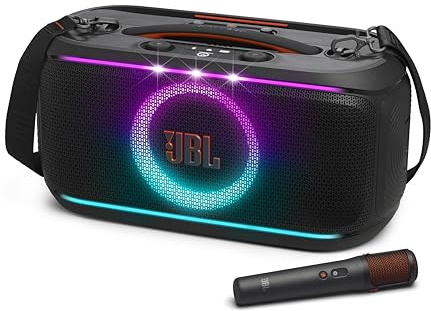 JBL PartyBox On-The-Go 2 - Portable Party Speaker with one Wireless Digital mic, Handle and a Shoulder Strap, Dynamic lightshow, Up to 15 Hours Playtime, Splash Proof & Auracast™ (Black)