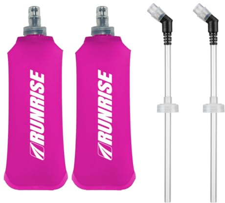 RUNRISE Lot de 2 Flasques Souples Running Trail 500ml | Sans BPA, 2 Bouchons Interchangeables, Sport + Tube d'Hydratation Pipette, Gourde Pliable, Compatible Gilet et Sac de Trail