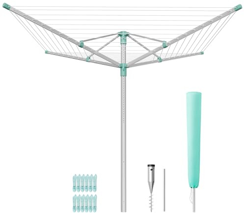 SONGMICS Tendedero Tipo Paraguas, Tendedero de Exterior, Altura Ajustaable, Aleación de Aluminio, Anclaje al Suelo, con Funda y Pinzas, Plateado y Verde, 50 m de Cuerda, para 5 Coladas LLR301E01V1