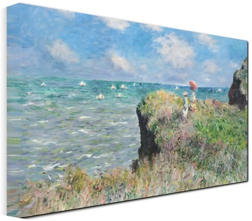 Quadro stampa su tela - Riproduzione Passeggiata sulla scogliera a Pourville di Claude Monet - Quadri tela opere pittori per Soggiorno, salotto e Camera da Letto - Telaio in legno 3 CM - 120X80 CM