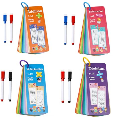 4 Pcs Times Tables Flash Cards Set, Mult. Division Addition Subtraction