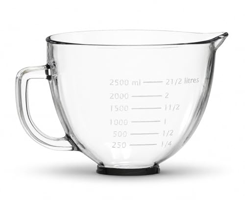 MMOBIEL Bol Mélangeur Verre 4.8L pour KitchenAid 4.3, 4.7/4.8L Robot Pâtissier à Tête Inclinable sur Socle Artisan & Classic Series Poignée, Bec Verseur & Marquages de Mesure – Lavage à la Main