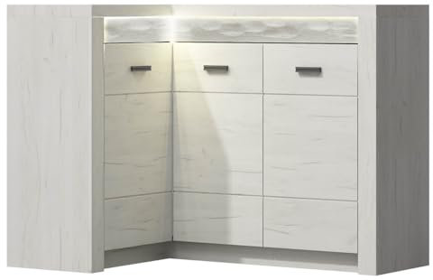 Mirjan24 Eckkommode Indiano I-15O, Kommode, Mehrzweckschrank Anrichte Diele Flur Esszimmer (Kraft Weiss, mit warmweißer LED-Beleuchtung)