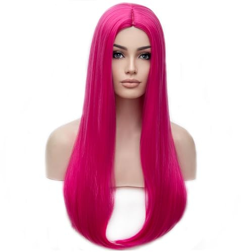 BERON Parrucca lunga e liscia da 63,5 cm, affascinante, per donne e ragazze, per cosplay, feste o uso quotidiano, cuffia inclusa (fucsia)