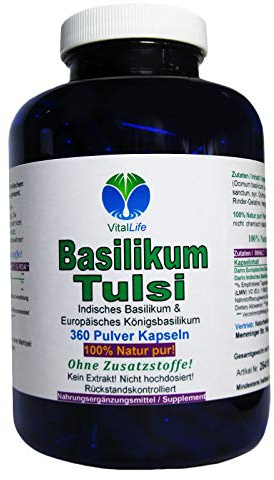 Basilikum Tulsi 360 Pulver Kapseln NATUR PUR NICHT hochdosiert KEIN EXTRAKT OHNE ZUSATZSTOFFE OHNE FÜLLSTOFFE. 26418