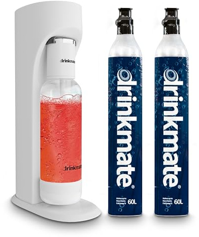 Drinkmate OmniFizz Sparkling Water Maker & Soda Streaming Machine | Carbonates Any Drink | VALUE KIT | Includes Two 60L CO2 Cartridges + One BPA-Free Bottle (Classic White)