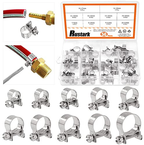 Rustark 50 Pcs Hose Clamp Assortment Kit 10 Size Stainless Steel Mini Fuel Injection Adjustable Tube Clamps Clip for Water Pipe Plumbing Automotive and Mechanical Application (Assorted Hose Clamp Kit)