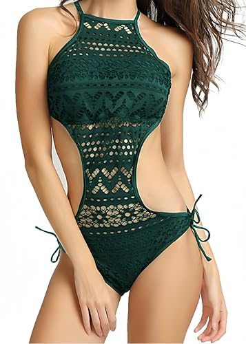 Ocean Plus Donna Costume Intero Pizzo Capestro Imbottito Costumi da Bagno Collo Alto Moda Mare (M/34, Verde dell'Esercito)