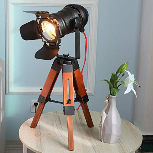 Industrial Wood Table Lamps, Vintage Small Retro Desk Light Fittings for Living Room, Bedroom, Spotlight Tripod Standing Floor Lighting, Searchlight for Studio,Office-Edison Bulb not Include
