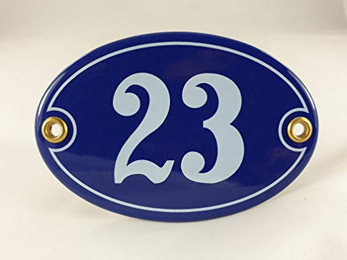 Emaille Hausnummer Schild Nr. 23, oval, Blau-Weiß Handarbeit