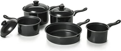 8pc Non Stick Cookware Set - Milkpan Saucepan Kitchen Cook Pan Black Lids | 8 Piece | Carbon Steel | Durable & Efficent | Suitable for Gas Electric & Solid Hot Plates | Prima