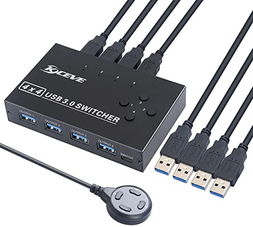 KCEVE USB 3.0 Switch, USB Switch Selector 4 Computer Sharing 4 USB-Geräte KVM Switcher Box für Share Drucker, Scanner, Maus, Tastatur, kompatibel mit Mac/Windows/Linux, mit 2 Stück USB 3.0 Kabel