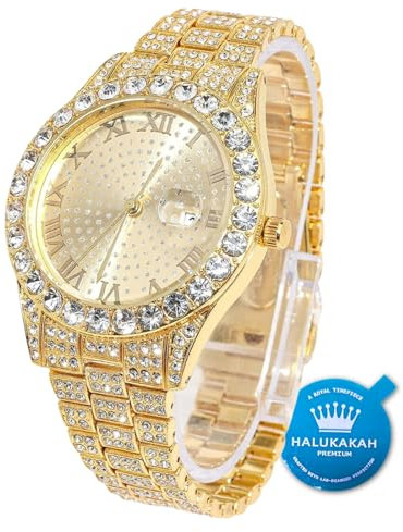 Halukakah Diamant Golduhr, Herren 18K Echt Vergoldet 42MM Breite Rund Wählen Quarz Armband 24cm, mit Geschenkbox